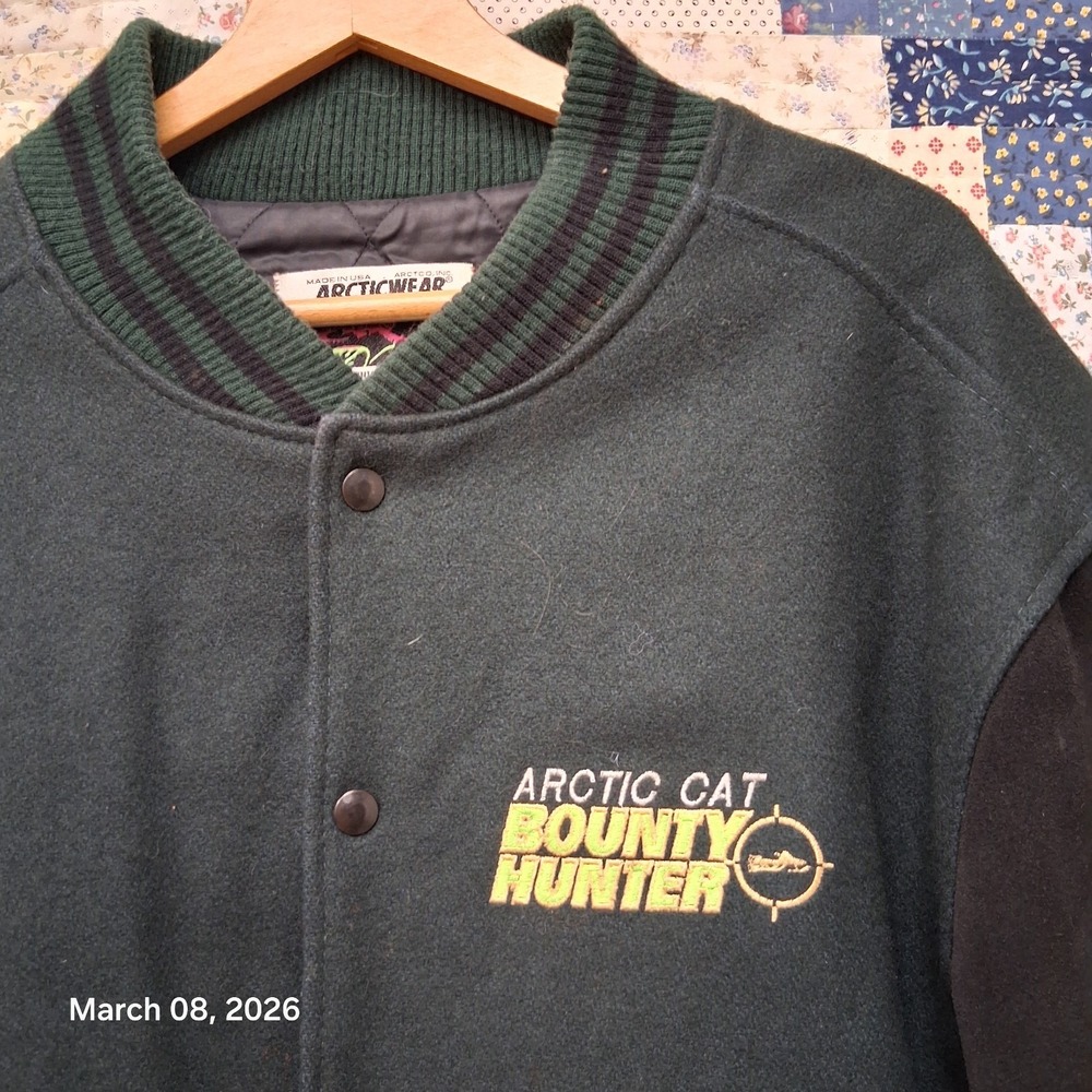 Vintage Arctic Cat Bounty Hunter Wool Leather Varsity Style Jacket SZ XLT Green - Picture 2 of 12